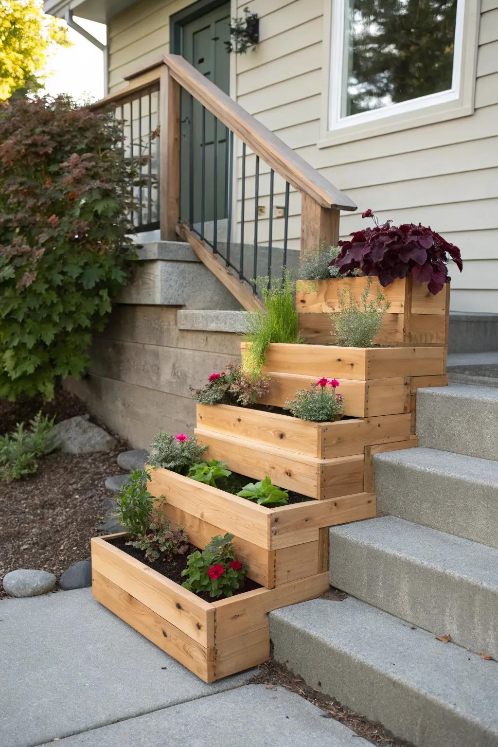 Tiered cedar planters turn a stark basement stair entry into a cozy garden walkway.