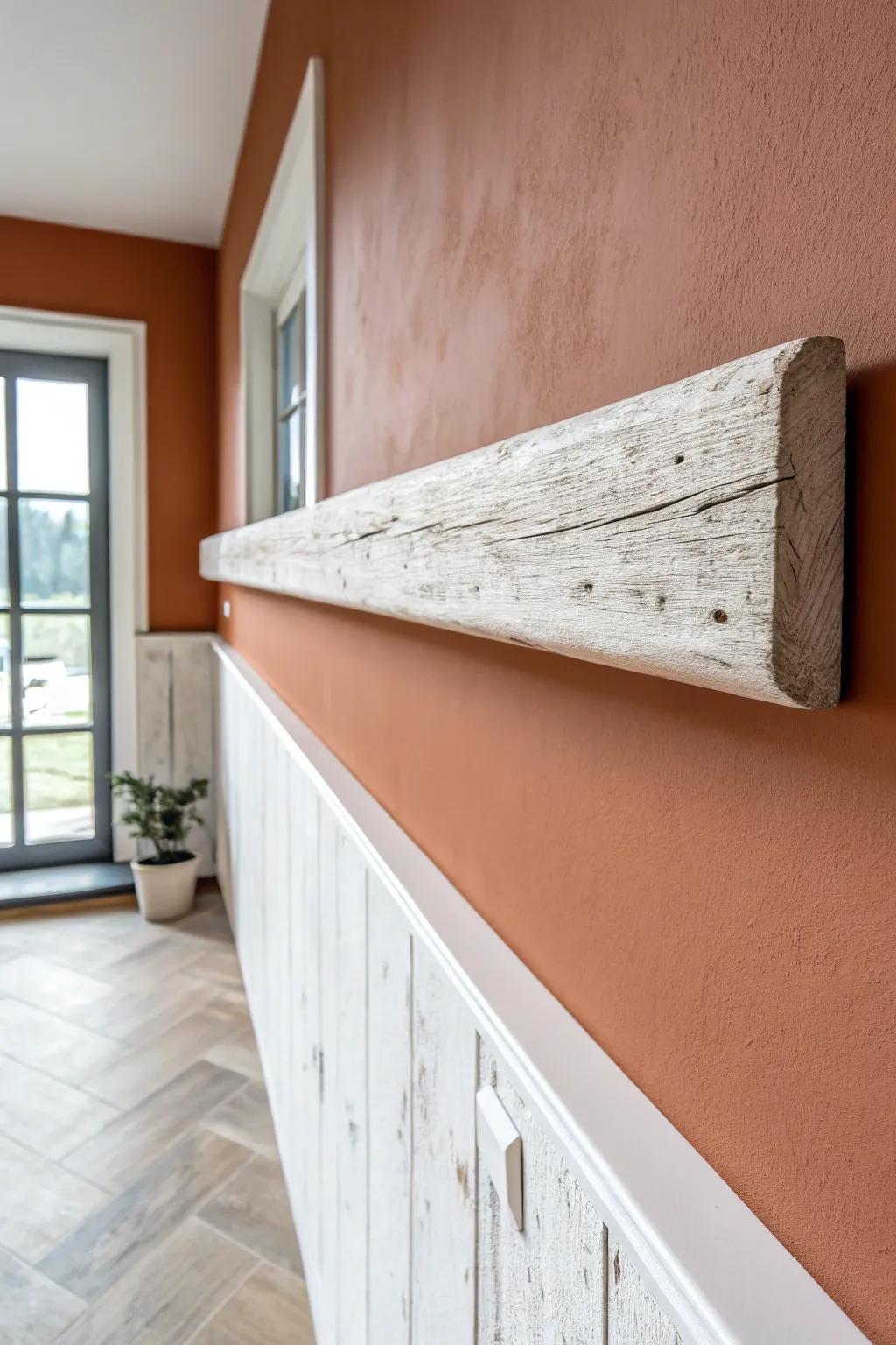 Whitewashed wall beam: airy farmhouse texture, visible grain, and clean Scandinavian contrast.