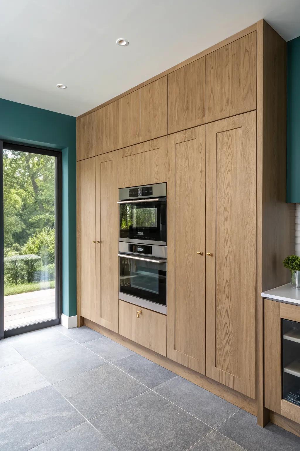 Floor-to-ceiling wall oven cabinet with crown trim for a seamless, custom built-in look.