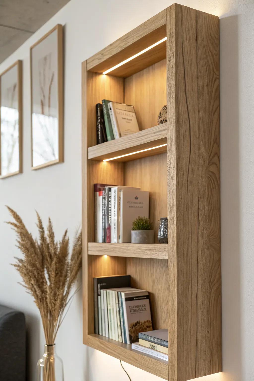 Rear-edge LED bounce light makes a book shelf feel calm, cozy, and softly glowing.