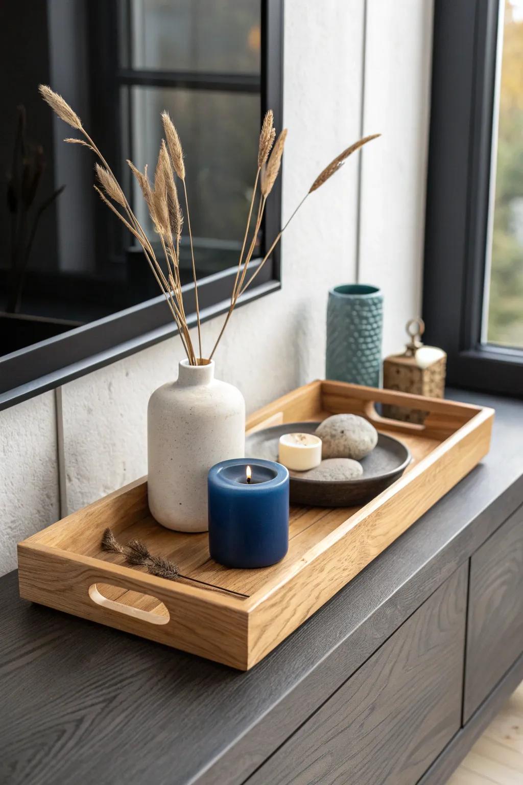 A simple wood tray turns tiny finds into one styled moment—and makes dusting so much easier.
