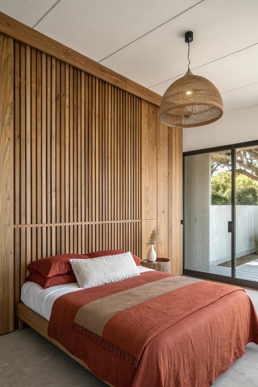 Wood-paneled headboard wall that runs wider than the bed—minimal, warm, and built-in.