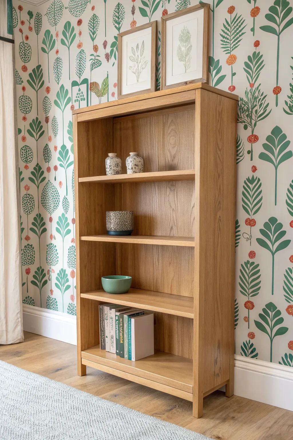 Wallpaper just the top shelf for a high-impact pop—keep the lower shelves calm and tidy.
