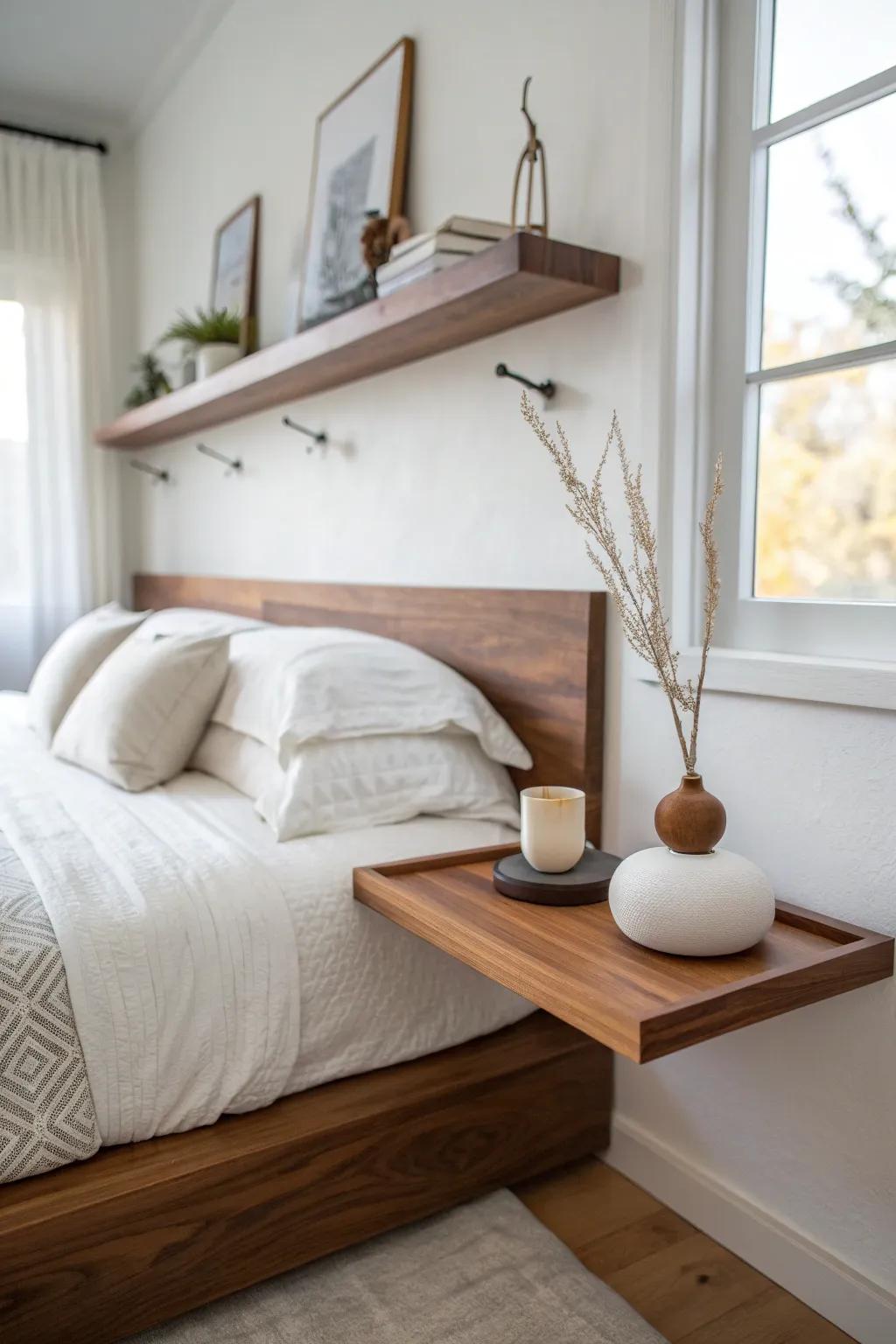 Floating walnut night shelf: airy, space-saving, and rich in warm grain with hidden brackets.