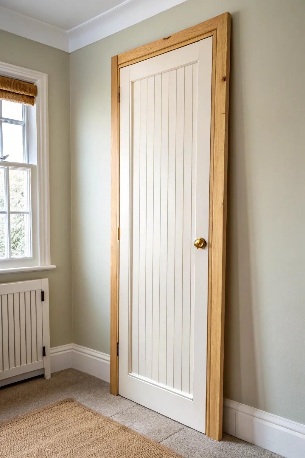 Creamy satin beadboard door with oak trim—cozy cottage charm in a clean, modern look.