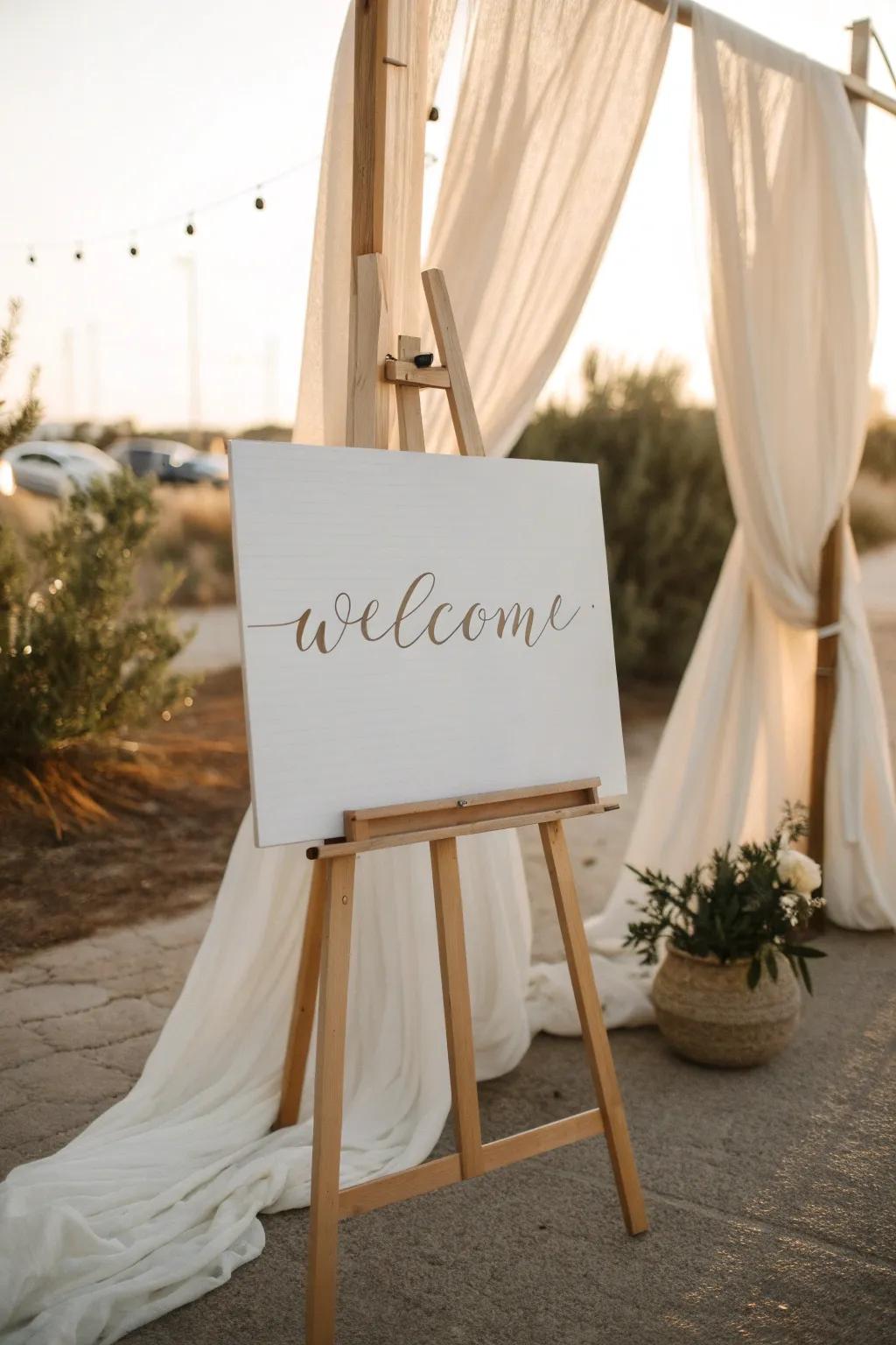 A draped linen backdrop makes your wooden easel sign pop—clean, romantic, photo-ready.