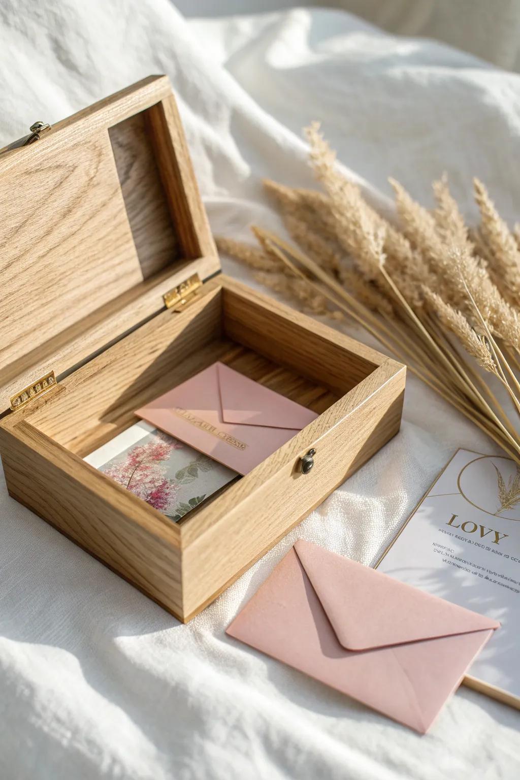 A secret vow drawer keeps your letters tucked away—minimal, beautiful, and deeply personal.