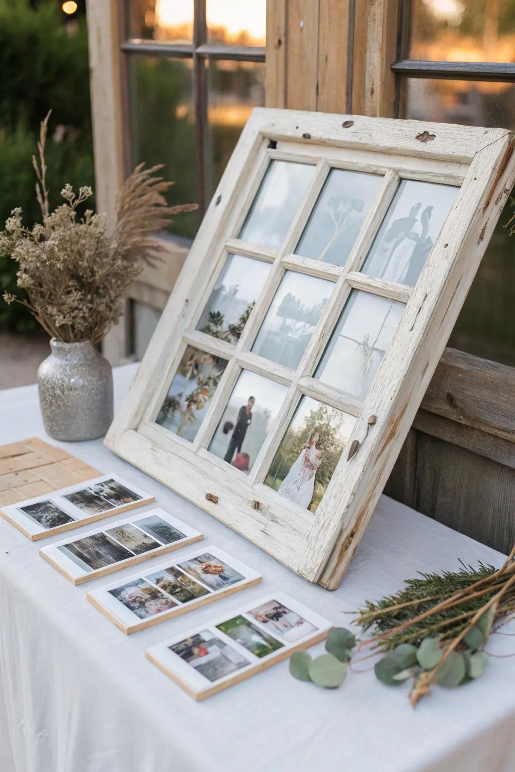 Turn a reclaimed window frame into a chic wedding photo grid—rustic charm, clean lines, bold pops.