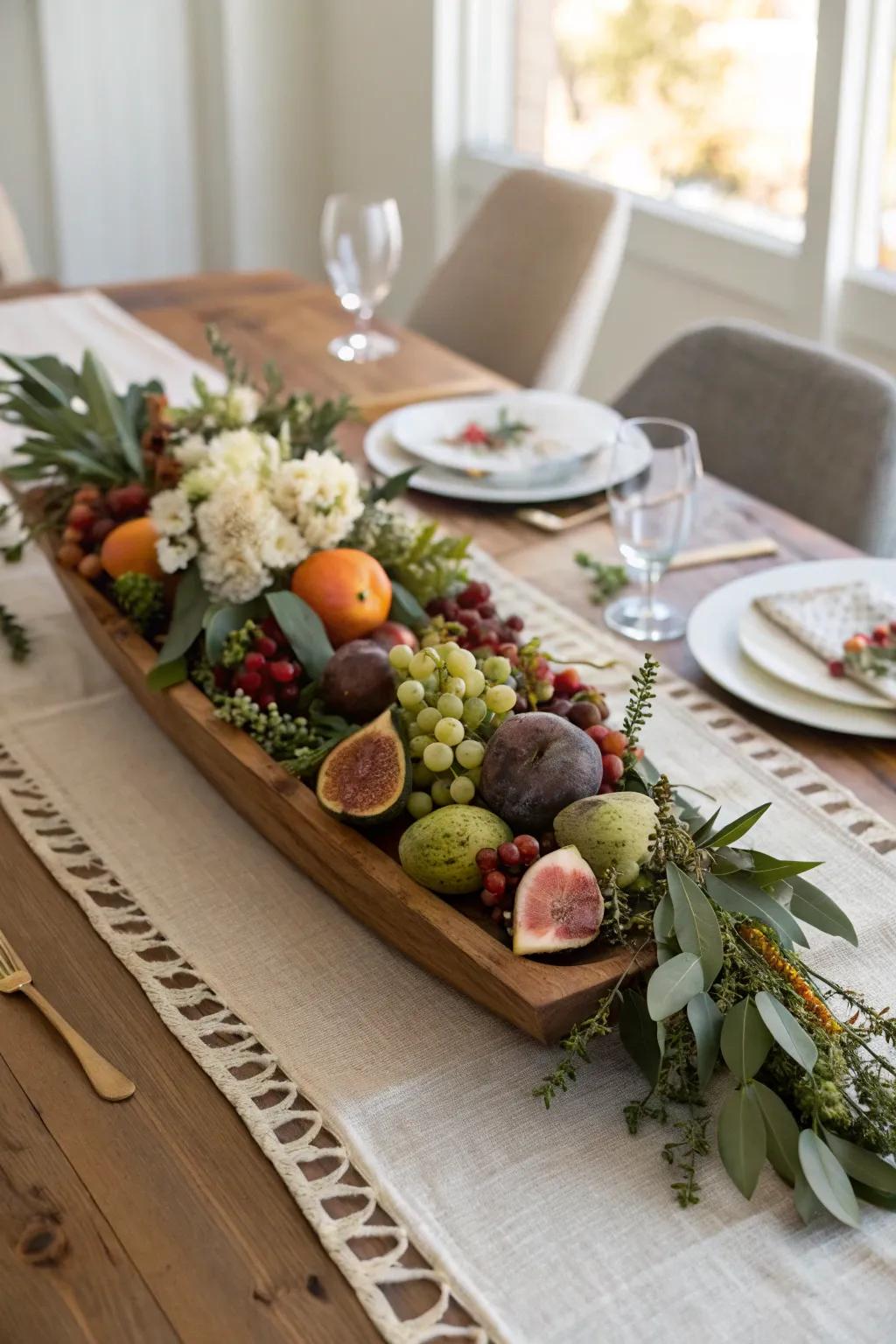 A garden-feast runner of fruit, greenery, and blooms on warm wood—bold, lush, and minimal.