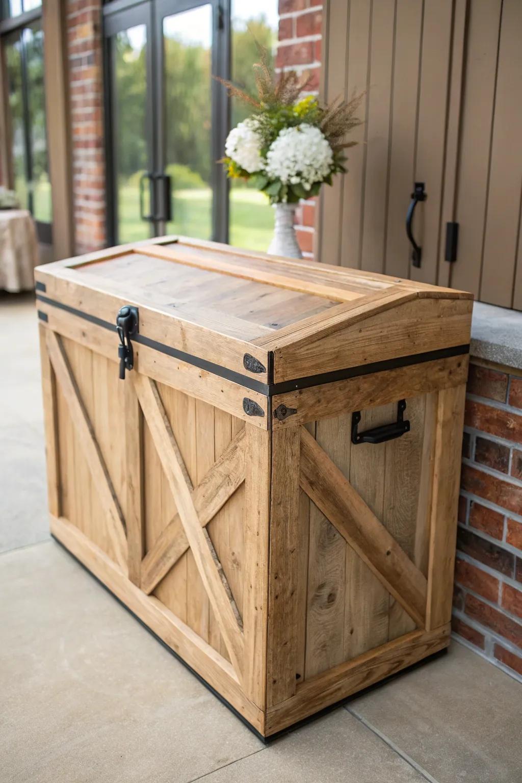 Rustic barn-door wishing well chest—sliding lid, matte black rail, and warm oak grain.