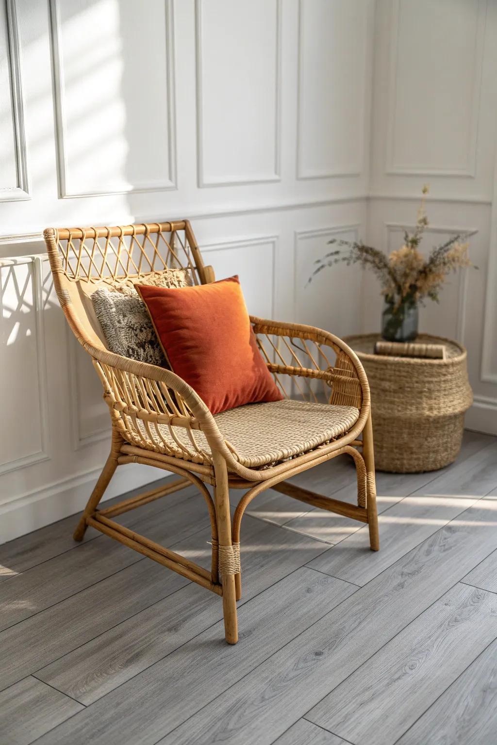 Warm rattan textures soften cool gray floors—an easy, airy pairing with bold boho contrast.