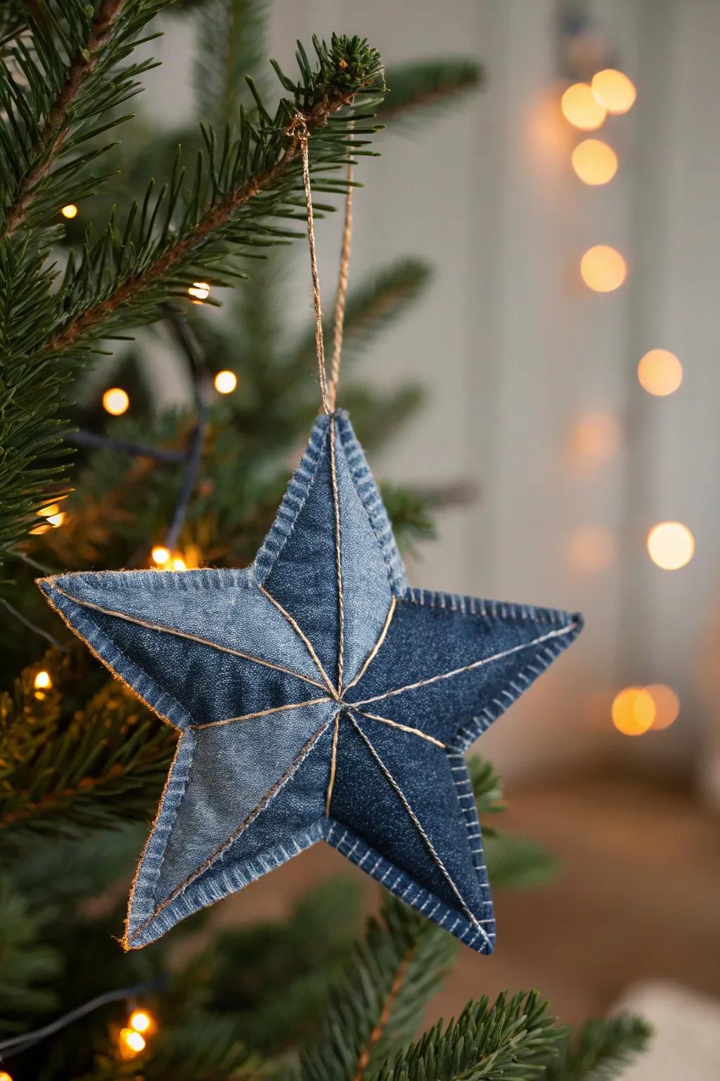 Add a touch of charm to your holiday decor with handmade denim star ornaments.