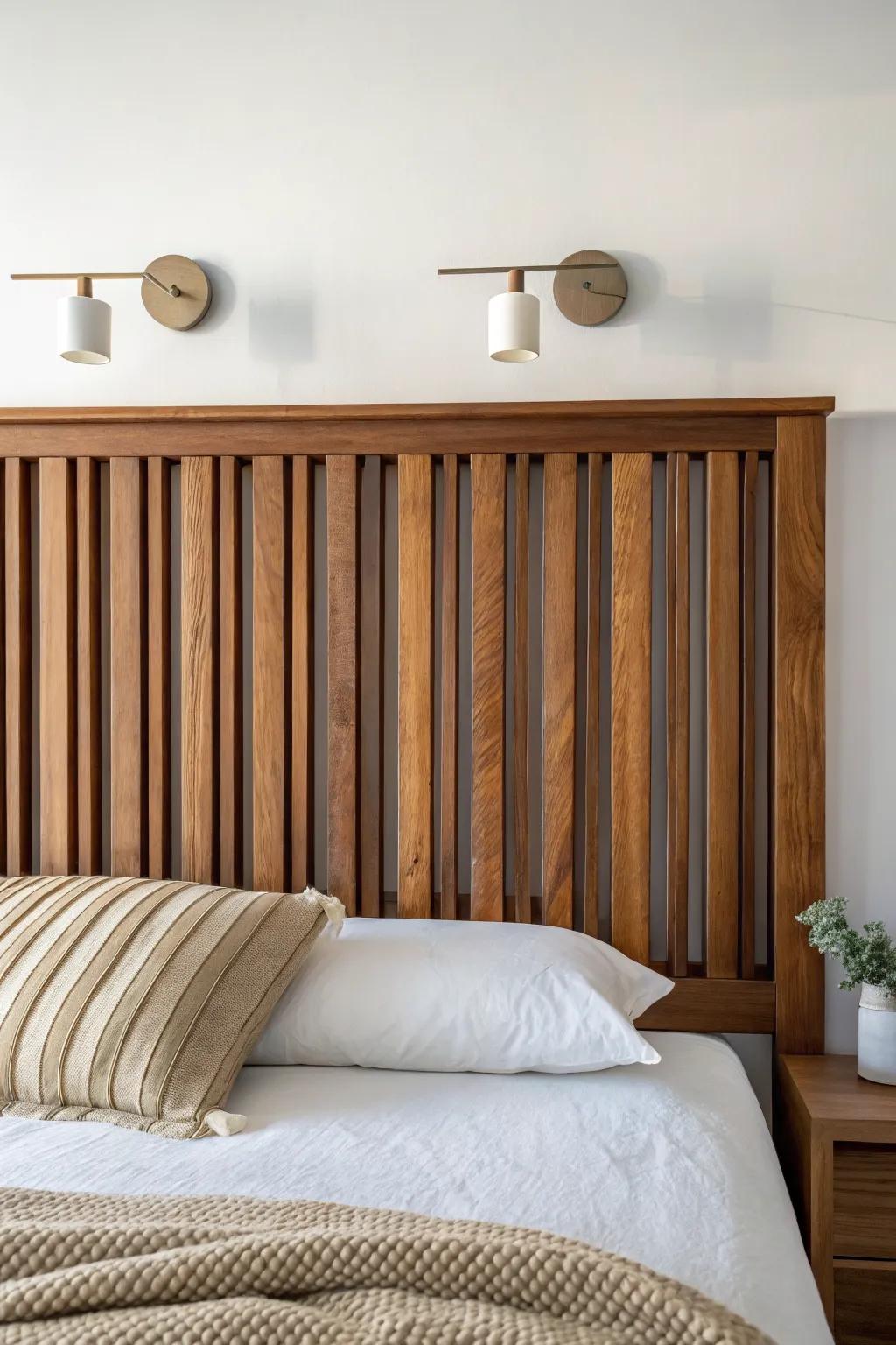 Warm walnut slat headboard meets crisp white sconces for a clean, cozy white‑and‑brown bed.