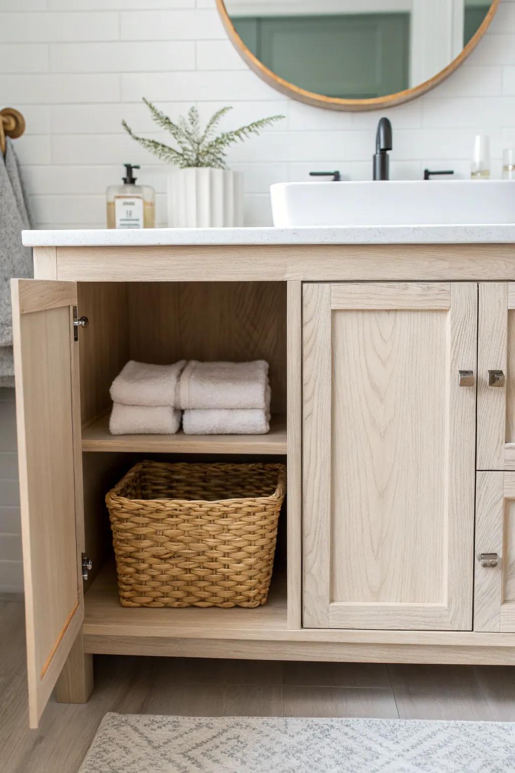 White vanity with a centered open cubby—basket storage that looks calm, crafted, and chic.