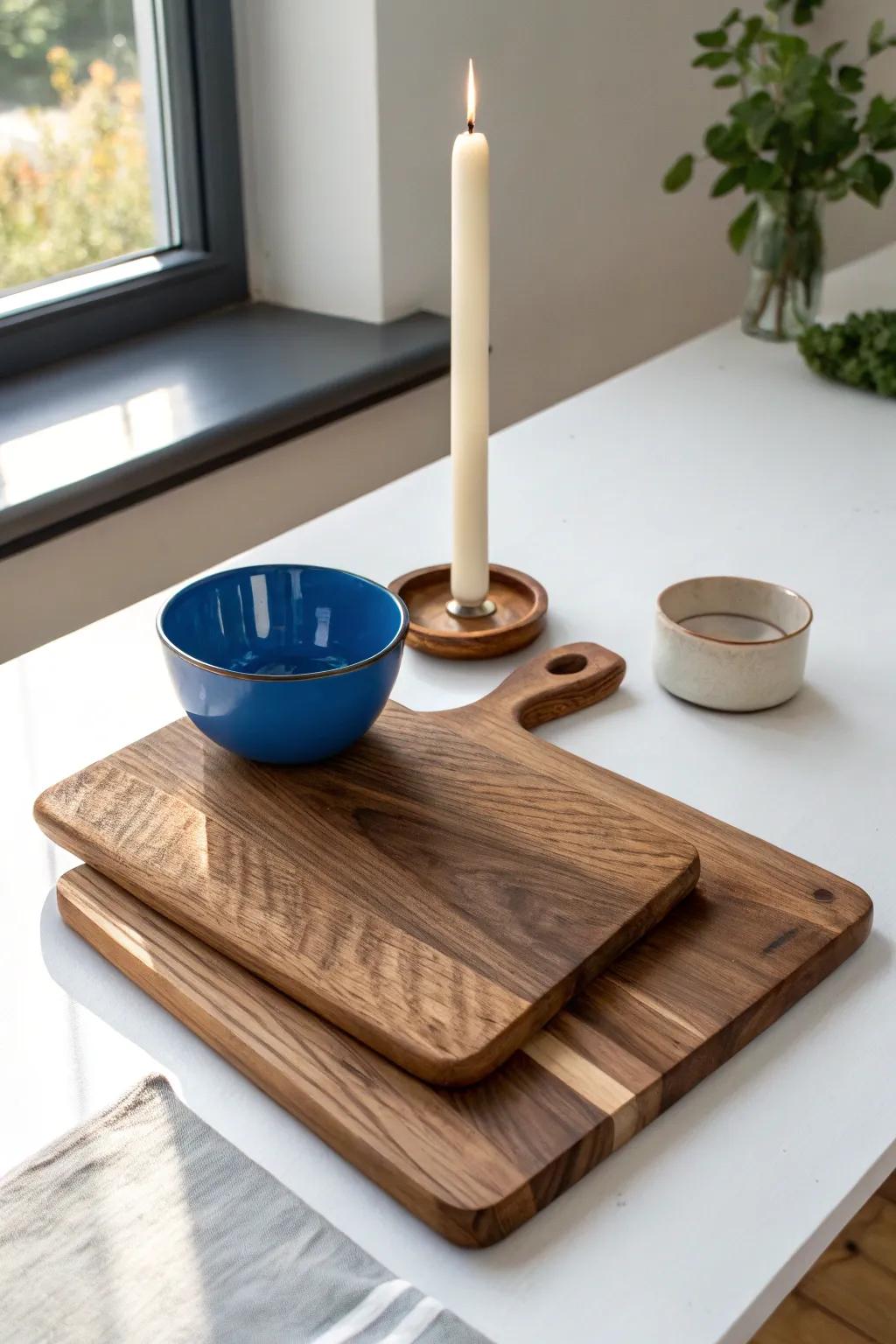 Stacked wooden boards warm up a white dining table—pretty centerpiece that doubles as serving space.