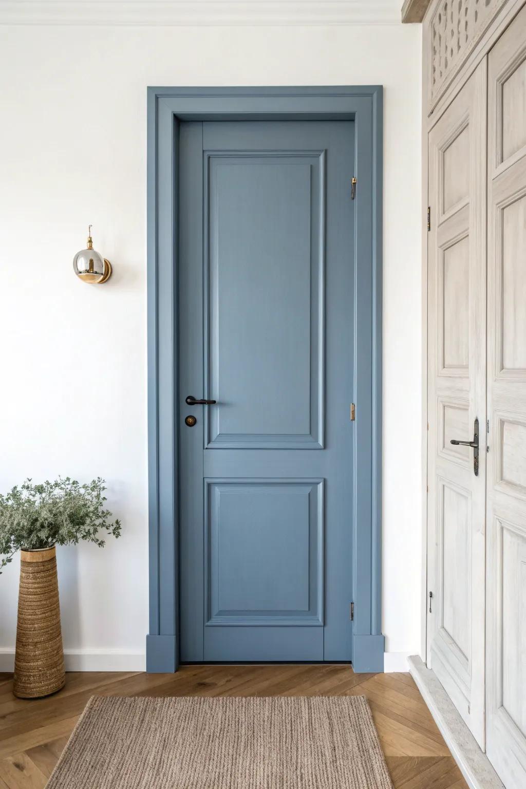 White walls + one blue-gray door and trim: a polished, built-in look that feels custom.