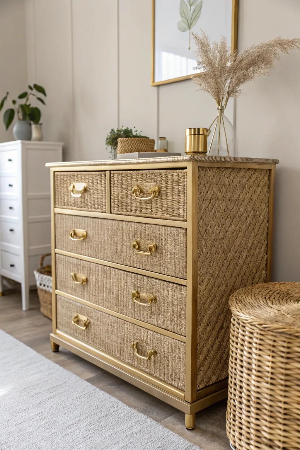 Transform your space with a touch of gold elegance—this wicker dresser makeover is your next DIY inspiration!
