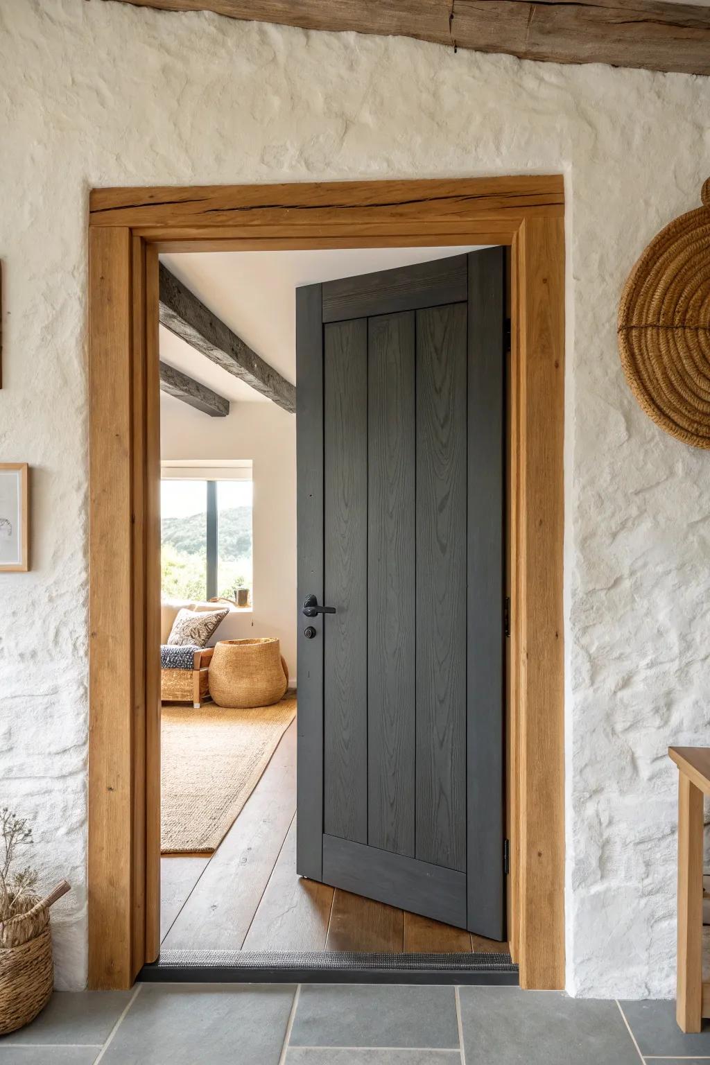 Deep charcoal on wide doorway trim makes the opening feel sharper, modern, and intentional.
