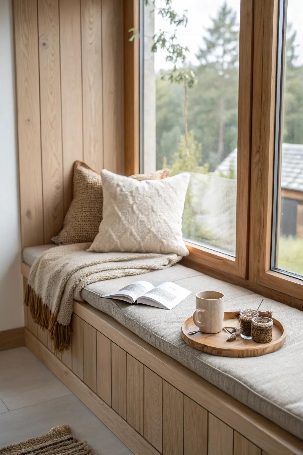 Turn a deep window sill into a cozy nook—neutral linens, warm wood, and a mug-ready tray.
