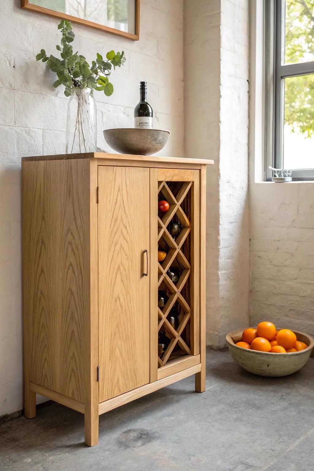 Swap one accent each season—citrus on a neutral oak wine cabinet keeps the look effortlessly new.