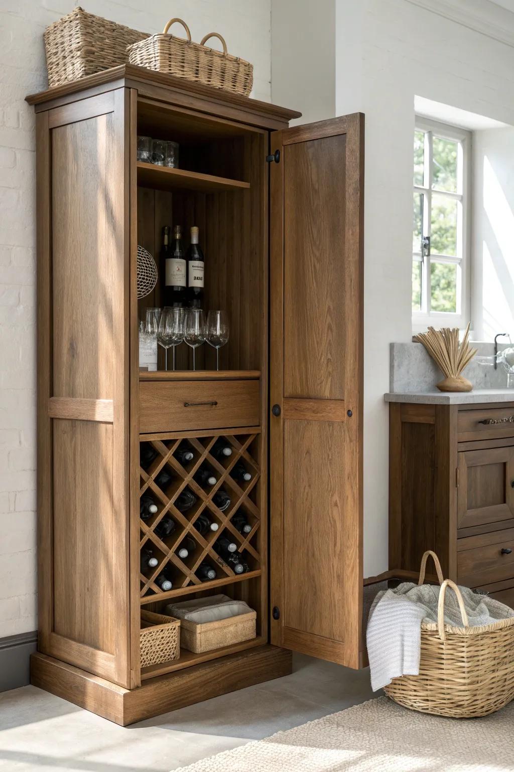 A cool, tucked-away pantry wine cabinet with a sleek counter shelf for bottles and glassware.