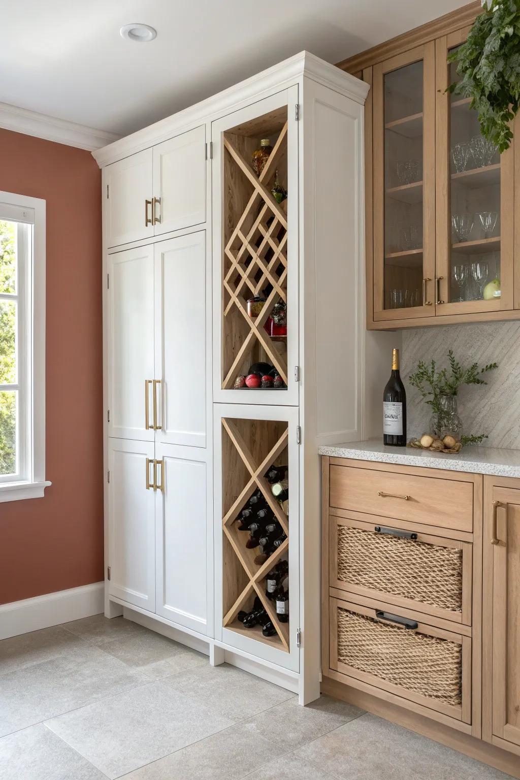 Tiny pantry, big style: an oak wine cabinet wall with hidden storage and handcrafted warmth.
