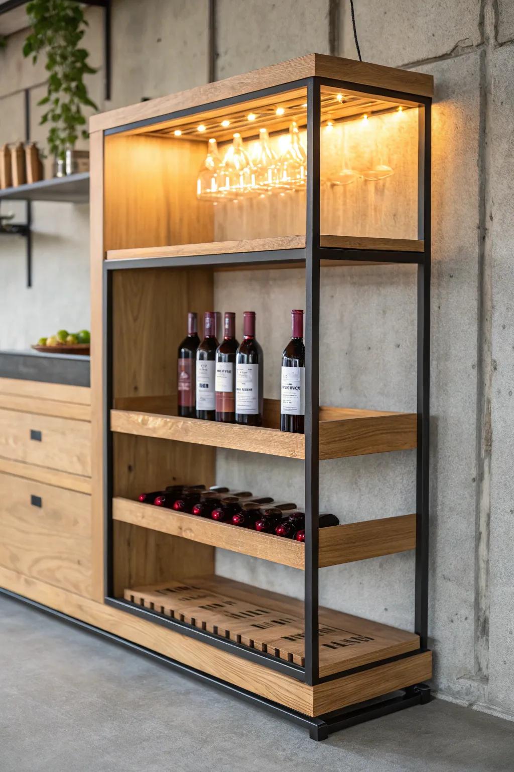 Warm under-shelf LEDs turn a simple oak rack into an inviting, basement-ready wine display.