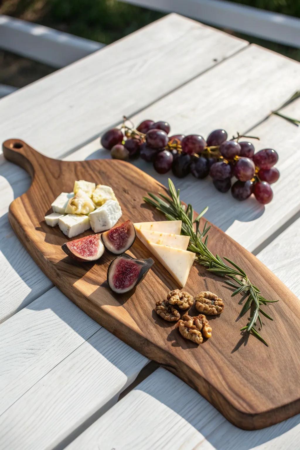 Live-edge rustic wine board with figs, grapes & cheeses—countryside warmth in minimalist style.