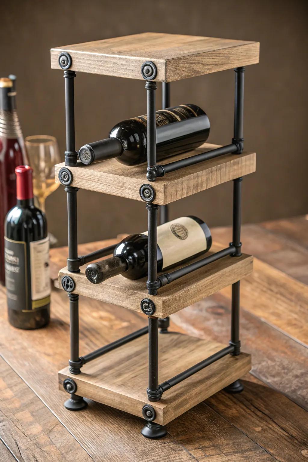 Industrial pipe-and-oak wine rack: bold contrast, clean lines, and handcrafted warmth.