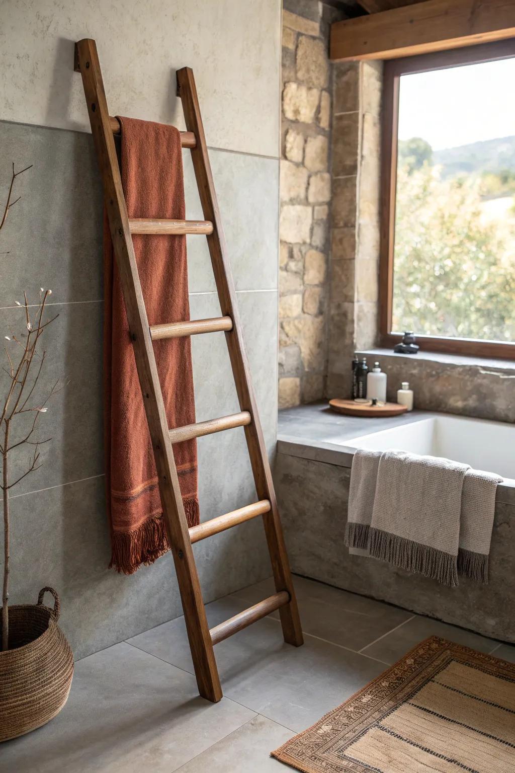 Dark-stained wood towel ladder warming up a luxe stone shower bench—simple, bold, serene.