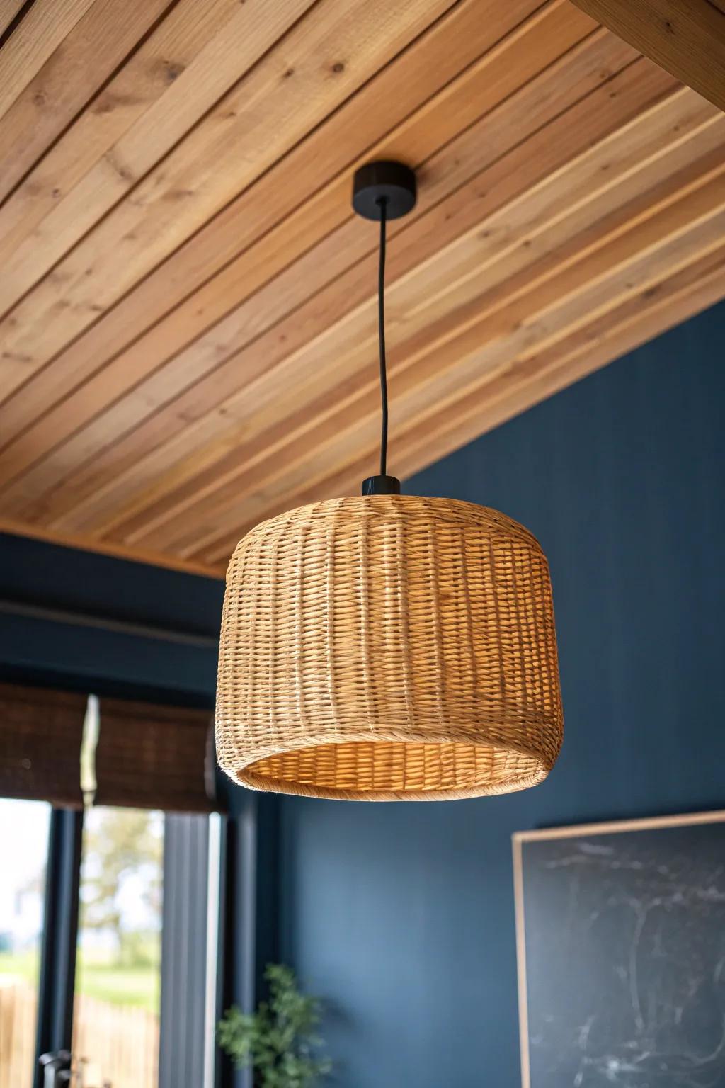 Woven rattan pendant under warm wood planks—soft glow that feels like golden hour.