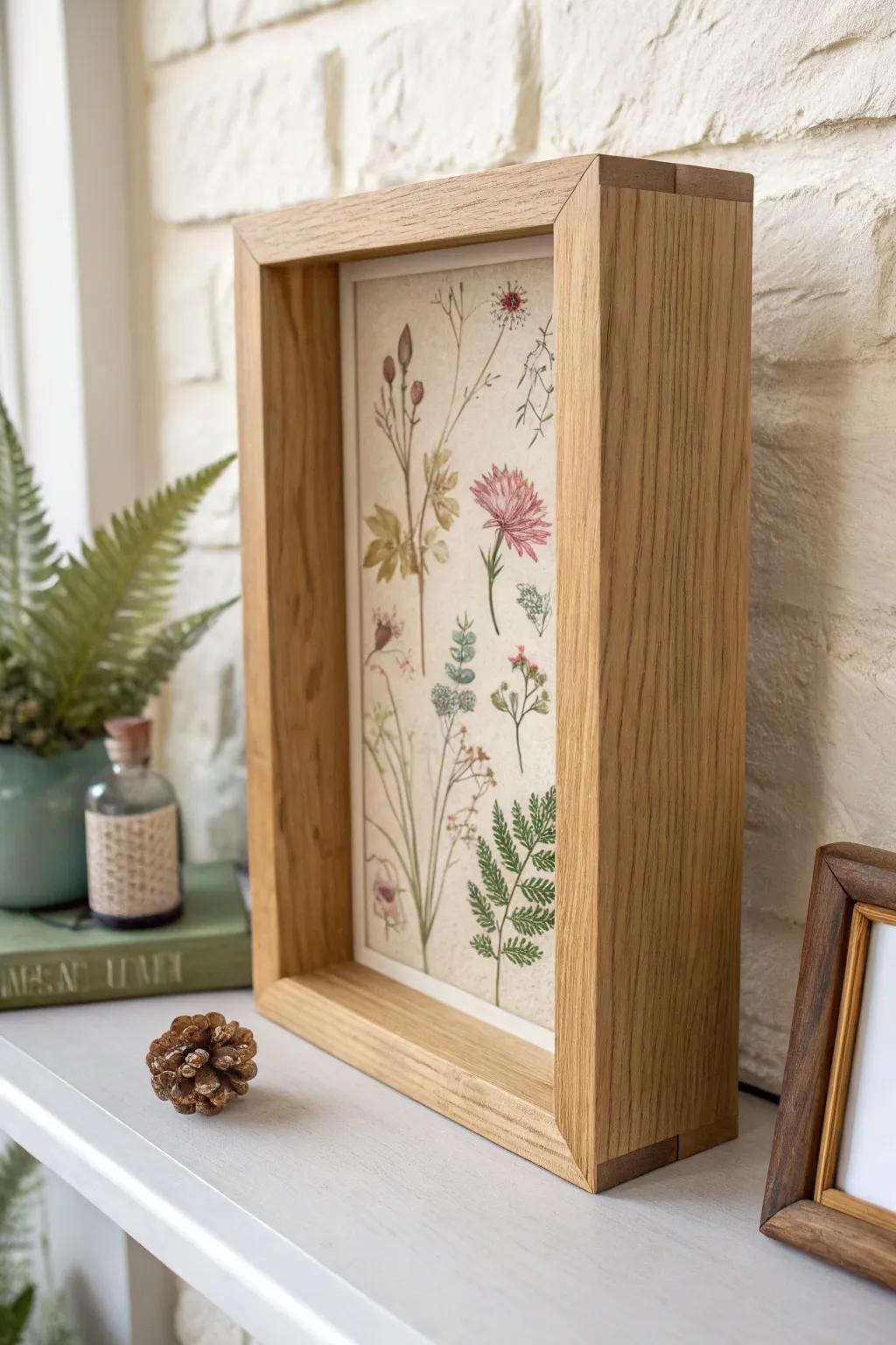 Mini gallery shadow box: oak frame with a vintage decoupaged backing that makes treasures pop.