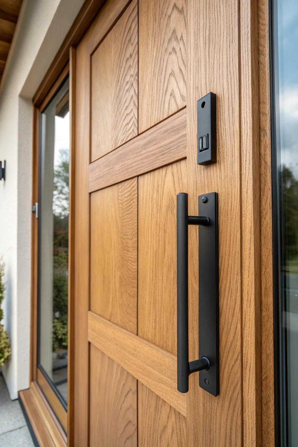 Matte black statement hardware gives a warm wood door that crisp, modern contrast.
