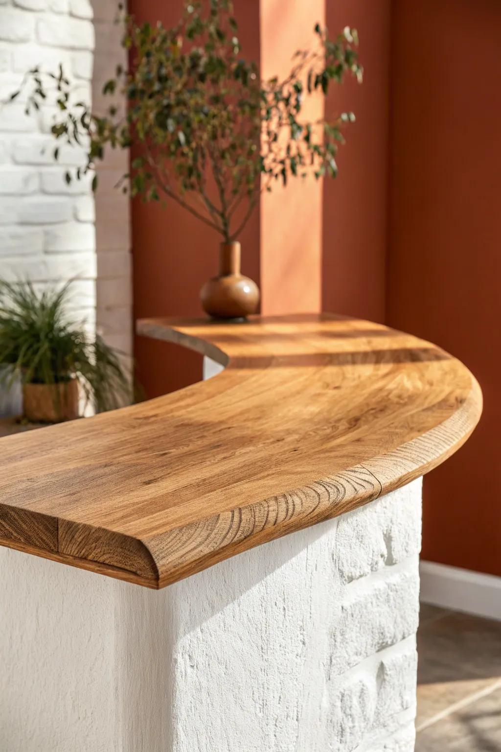 Curved wood countertop overhang with a smooth radius edge—warm, inviting, and sculptural.