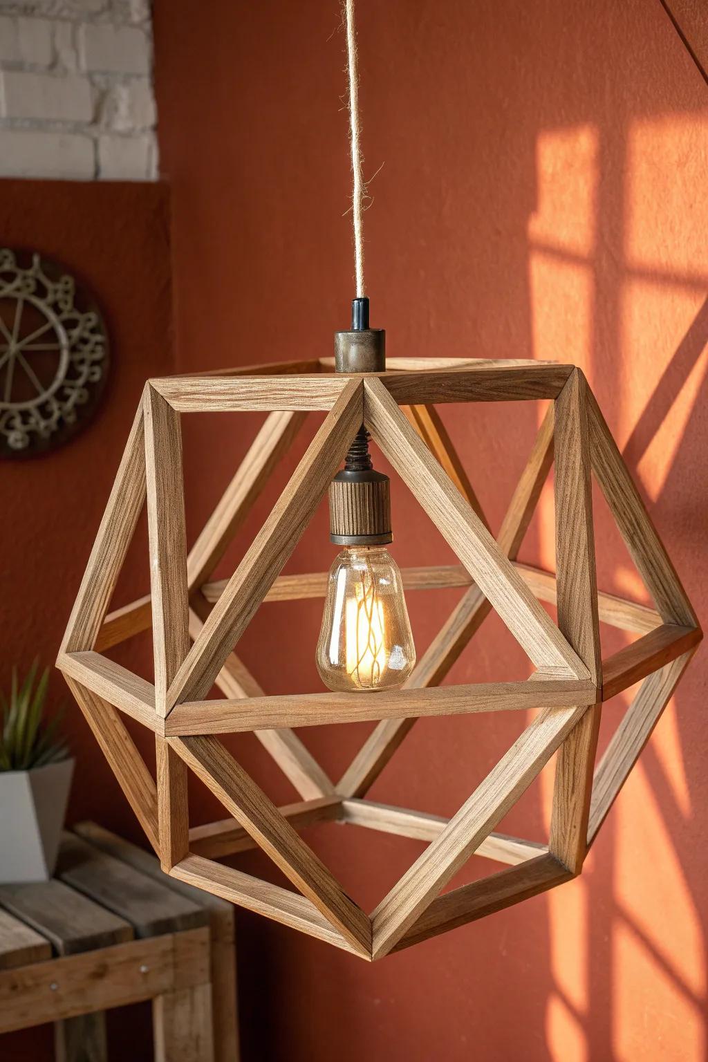 Crisp oak hexagon pendant—minimalist lines, warm glow, and bold terracotta contrast.
