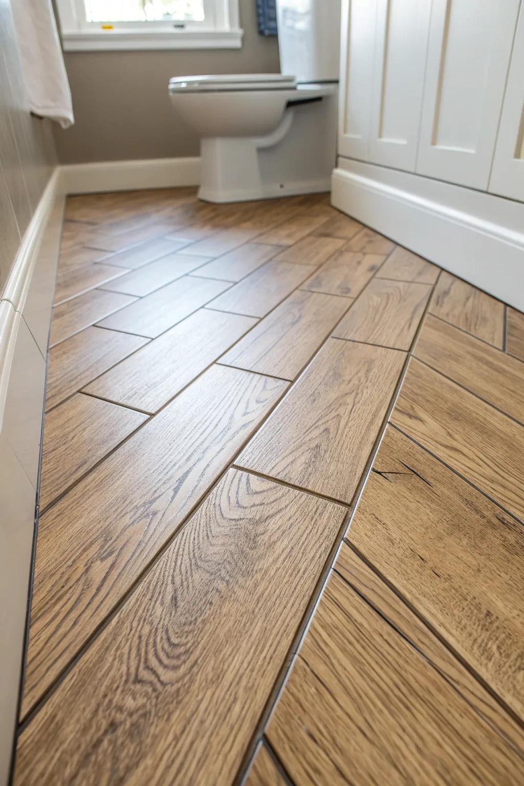 Diagonal wood-look planks make a narrow bathroom feel wider—clean, warm, and modern.
