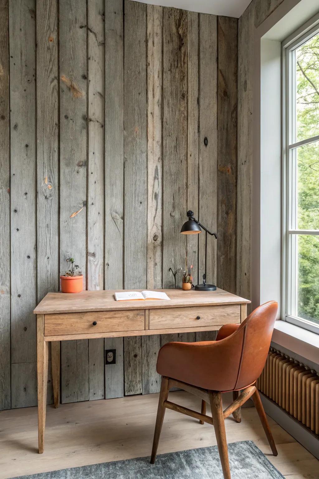 Reclaimed barnwood panels + a simple oak desk: instant warmth, texture, and creative history.