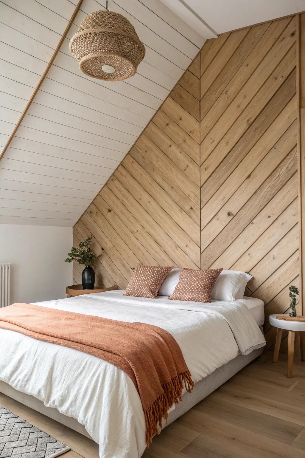 Diagonal oak paneling behind the bed adds movement, warmth, and instant modern character.