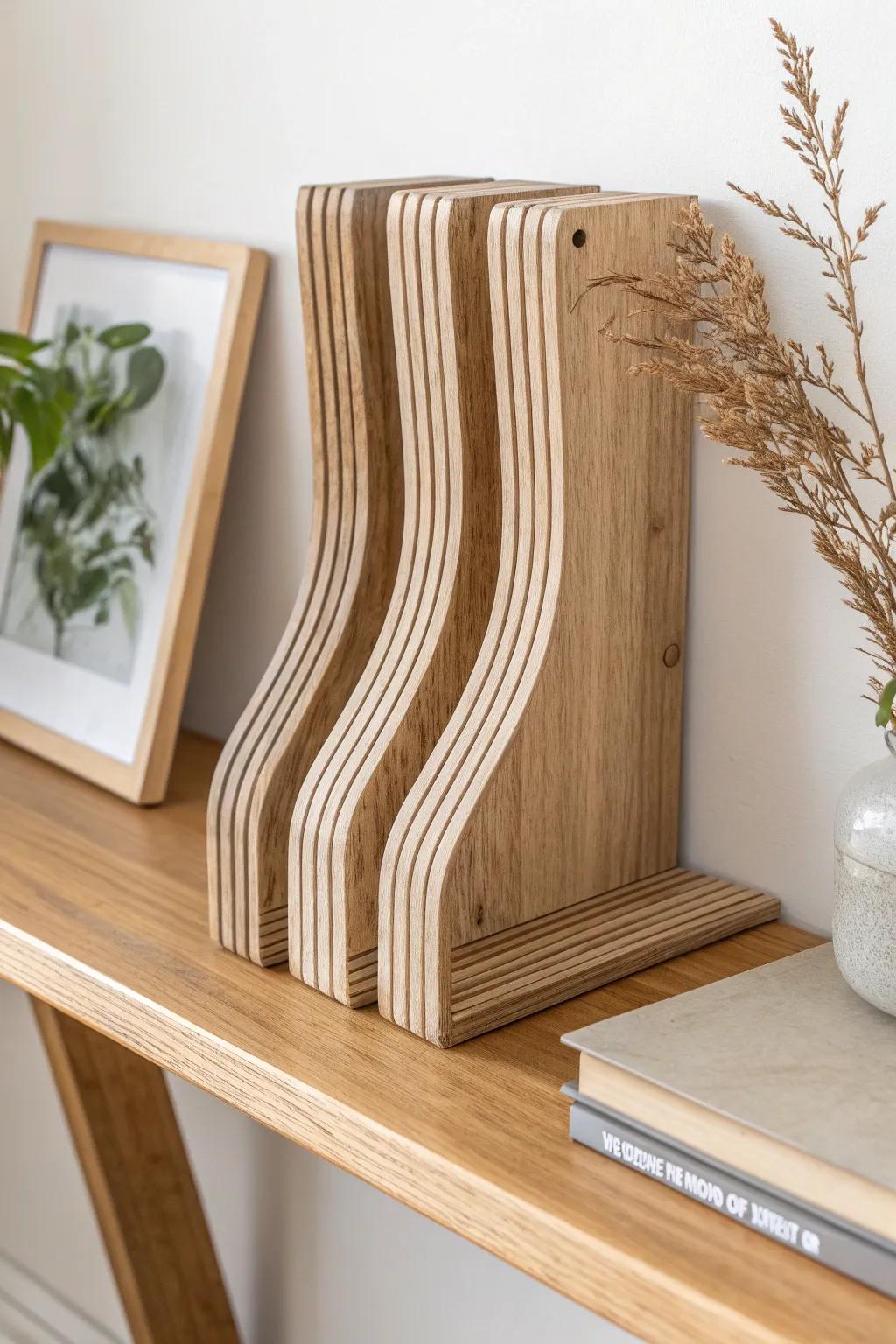 Stacked plywood contour brackets with sculpted curves and bold layered stripes