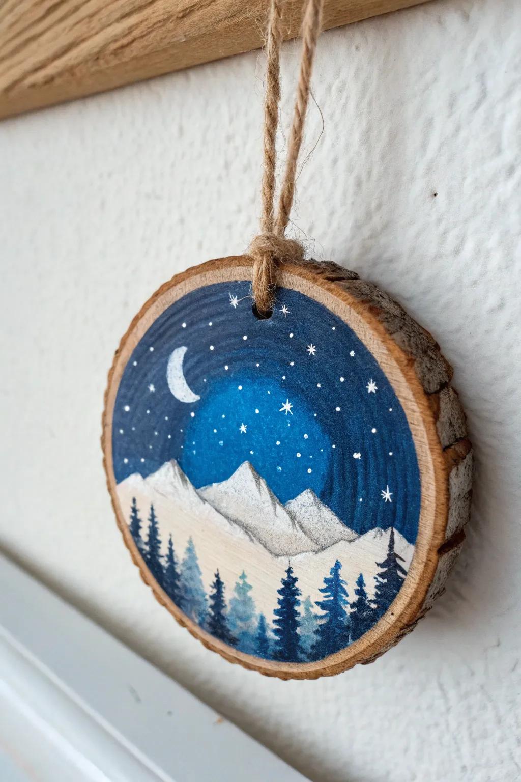 Tiny night-sky landscape on a wood slice—deep blues, snowy ridge, and splattered stars.