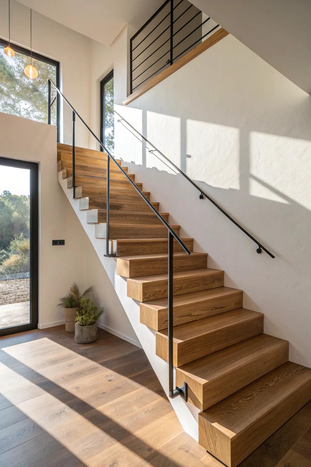Floating oak treads + sleek rail: a minimalist staircase that feels like a warm magic trick.