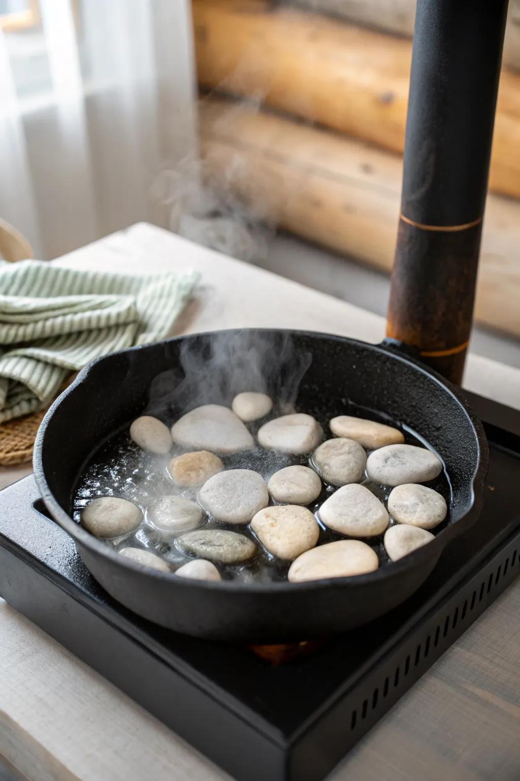 Stone-filled pan humidifier: spa-like steam, higher evaporation, and cozy minimalist wood-stove style.