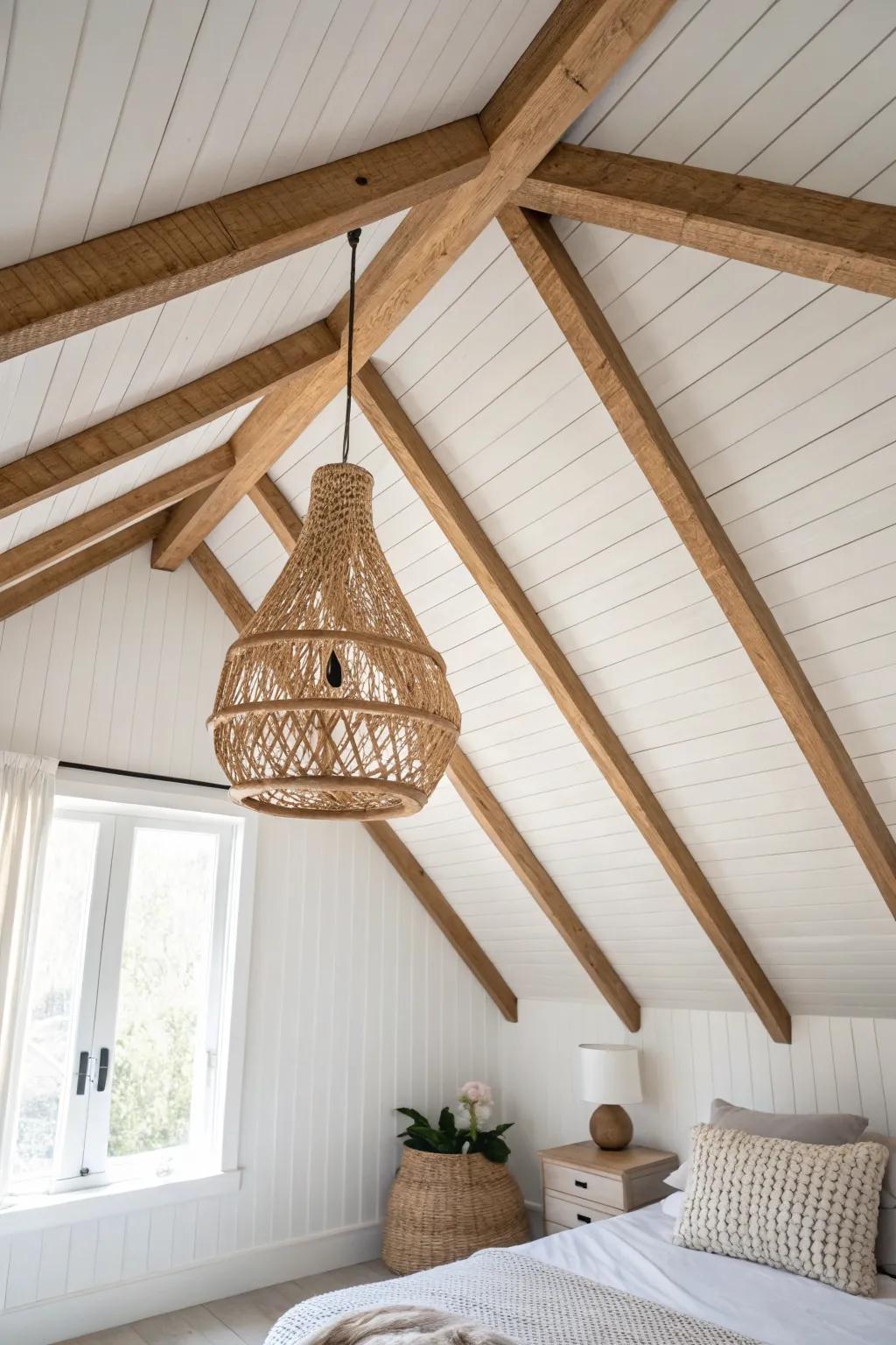 Seamless shiplap vault with matching beams—soft, calm peak and beautiful wood contrast.