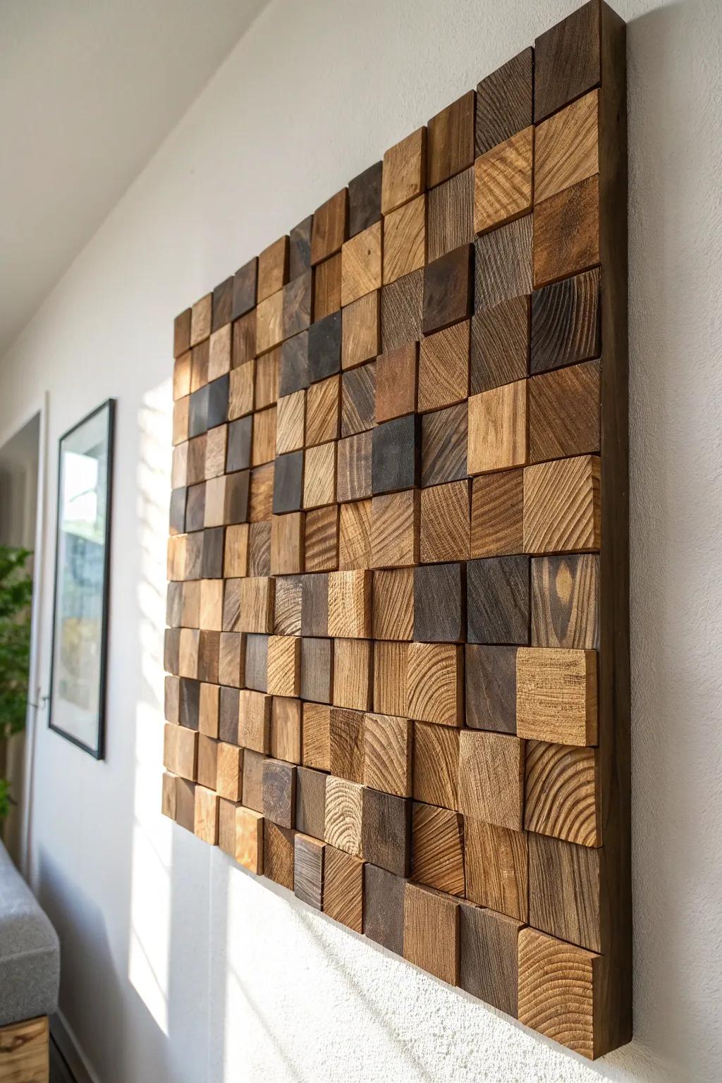 3D wood block mosaic panel: rich stains + sculpted texture that comes alive in the light.