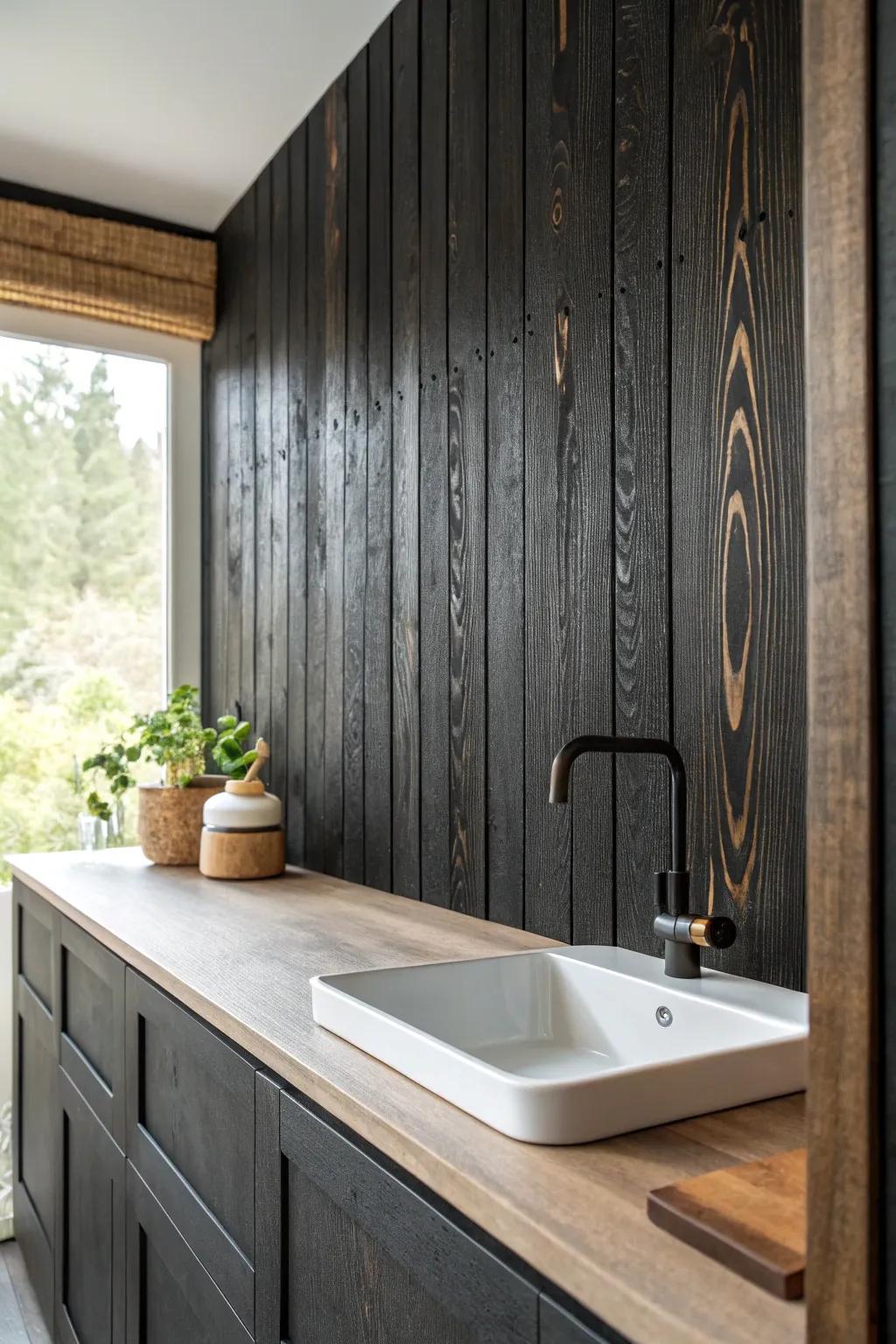 Lightly charred wood adds velvety drama—sealed smooth for a bold, wipe-clean backsplash.