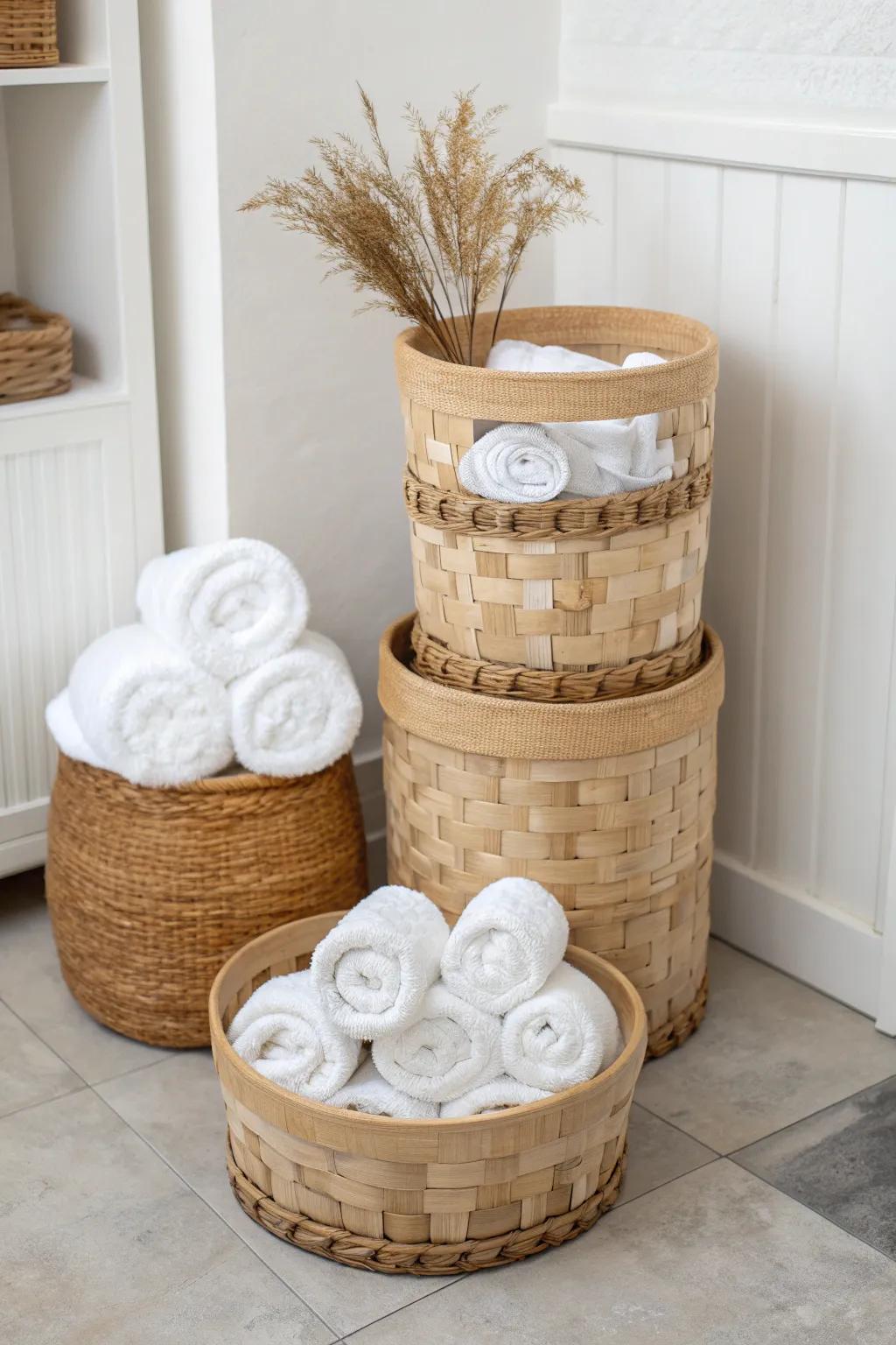 Spa-at-home style: stacked wooden towel baskets that make simple white linens look luxe.