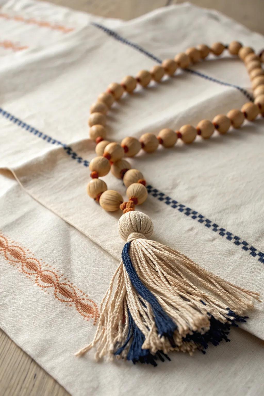 Swap tassels for frayed linen scraps—soft, cozy contrast on natural wooden beads.