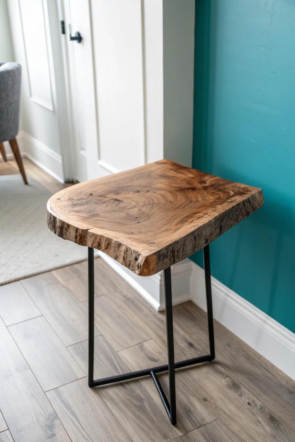 Live-edge corner table top—forest-edge charm in a minimalist corner, rich walnut against white.