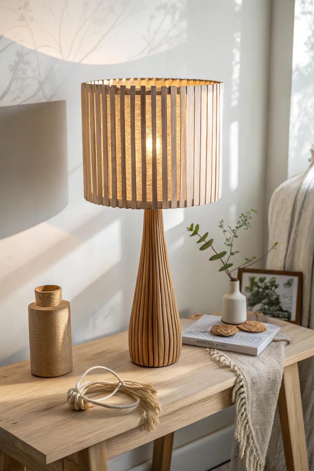 Slatted oak louver lamp casting bold striped shadows—minimal, warm, and beautifully crafted.