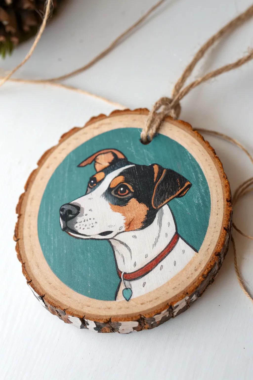 Minimal wood slice ornament with a bold pet portrait—simple shapes, big heart, handmade charm.